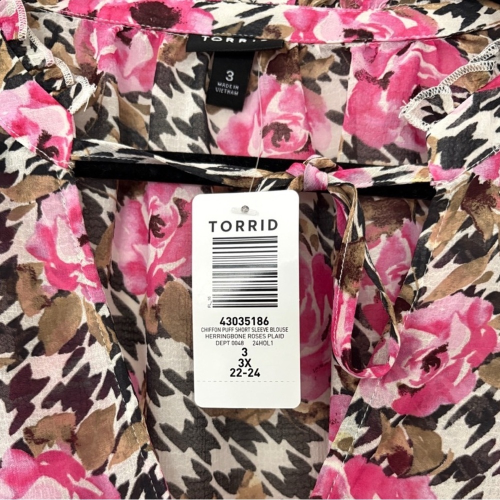 NWT Torrid Chiffon Puff Short Sleeve Blouse Herringbone Roses Plaid - Picture 5 of 8